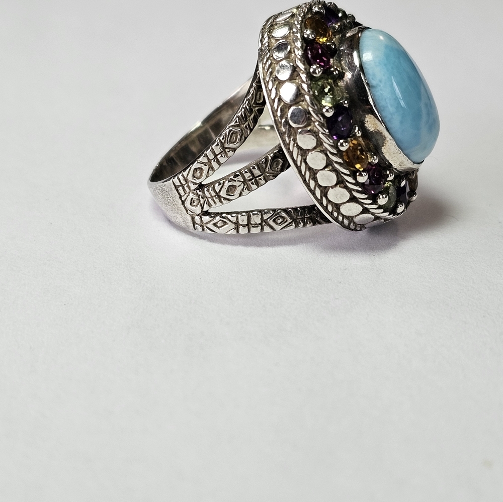 Artisan Crafted Natural Larimar & Multicolor Tourmaline 💍 Sterling Silver Sz 7. - Picture 3 of 12